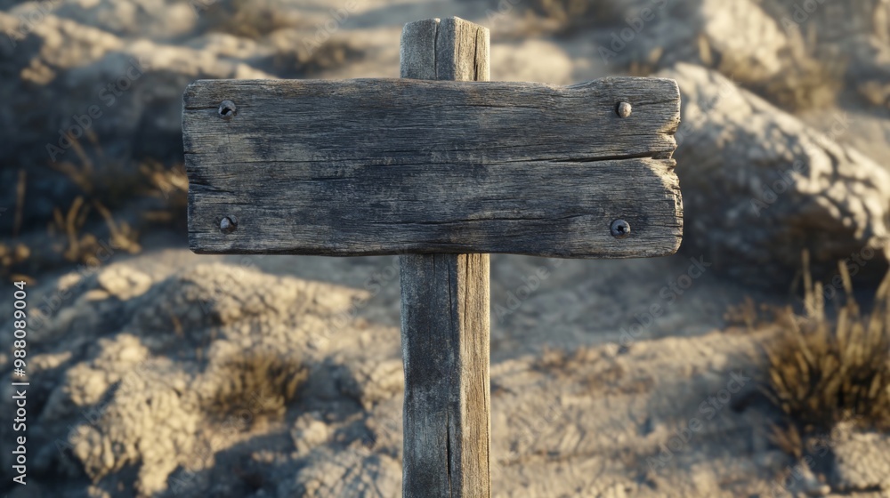 Fototapeta premium A weathered wooden signpost with blank space for text stands on a rocky terrain.
