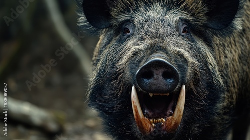 A close-up of a wild boar displaying its tusks in a natural setting. photo