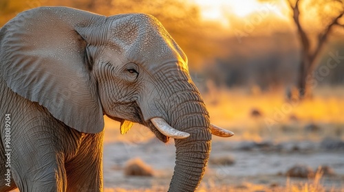 A serene elephant in a golden sunset landscape.