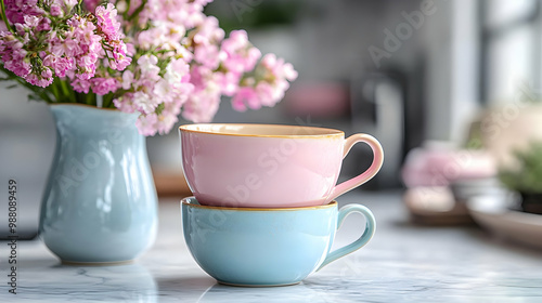 Two stacked colorful cups with flowers in a vase, bright and inviting kitchen ambiance.