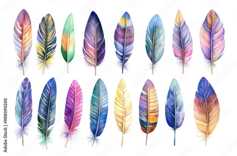 A Collection of Colorful Feathers in Various Shapes Bright and Playful Design Elements A Collection of Colorful Feathers in Various Shapes Bright and Playful Design Elements
