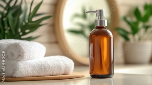 Glass pump bottle with eco-friendly soap in serene bathroom