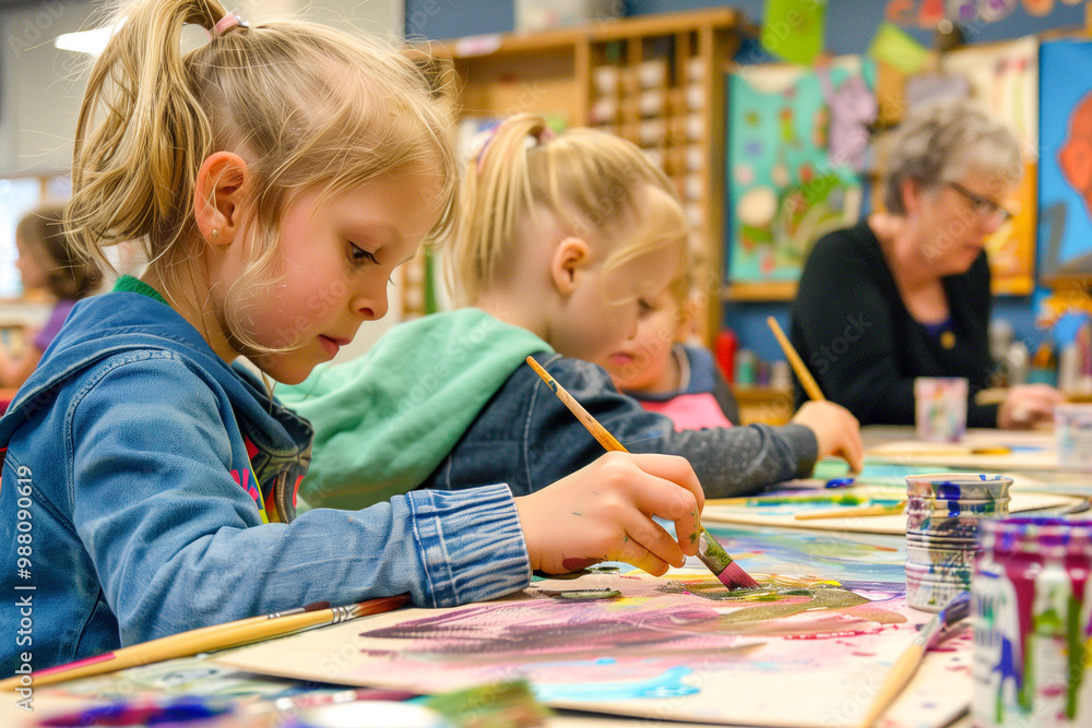 Fototapeta premium little child playing with colorful paint, Colorful art at school
