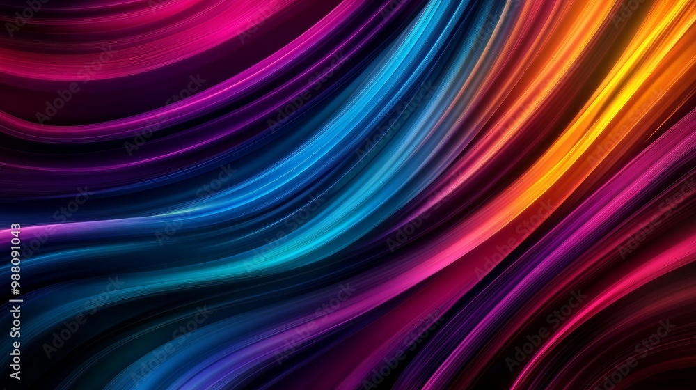 Naklejka premium Abstract art background featuring vibrant neon colors, curved lines, and stripes creating a dynamic and energetic design. Symbolizing movement, energy, and fluidity.