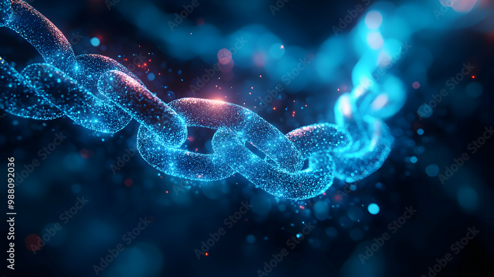 Digital chain link design with glowing blue effects and particles on a dark background. Digital chain link design with glowing blue effects and particles on a dark background.
