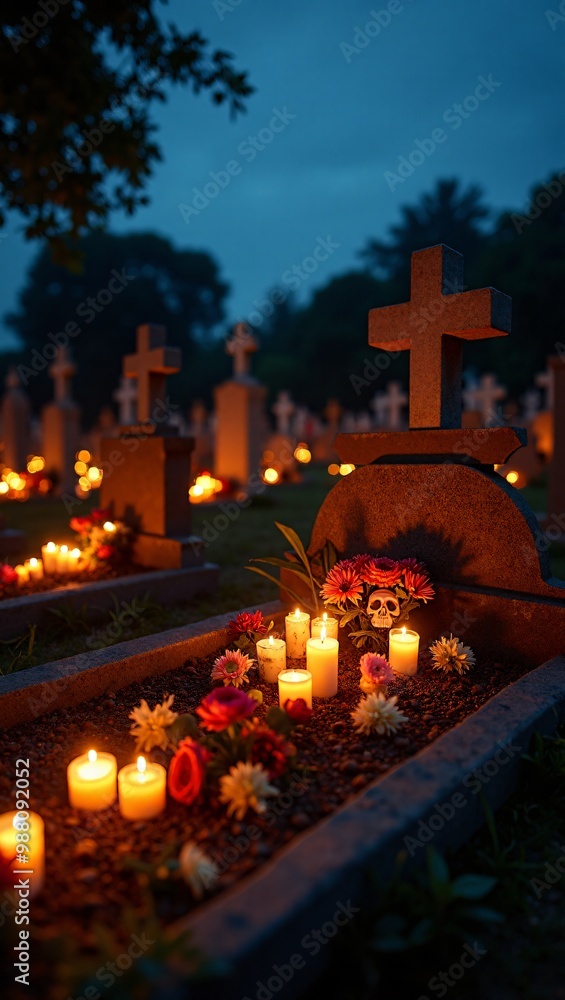 Cemetery at Night During Day of the Dead, A candle-lit cemetery, decorating them with flowers, candles, and offerings, while the soft glow illuminates the night sky, vertical orientation. Cemetery at Night During Day of the Dead, A candle-lit cemetery, decorating them with flowers, candles, and offerings, while the soft glow illuminates the night sky, vertical orientation.