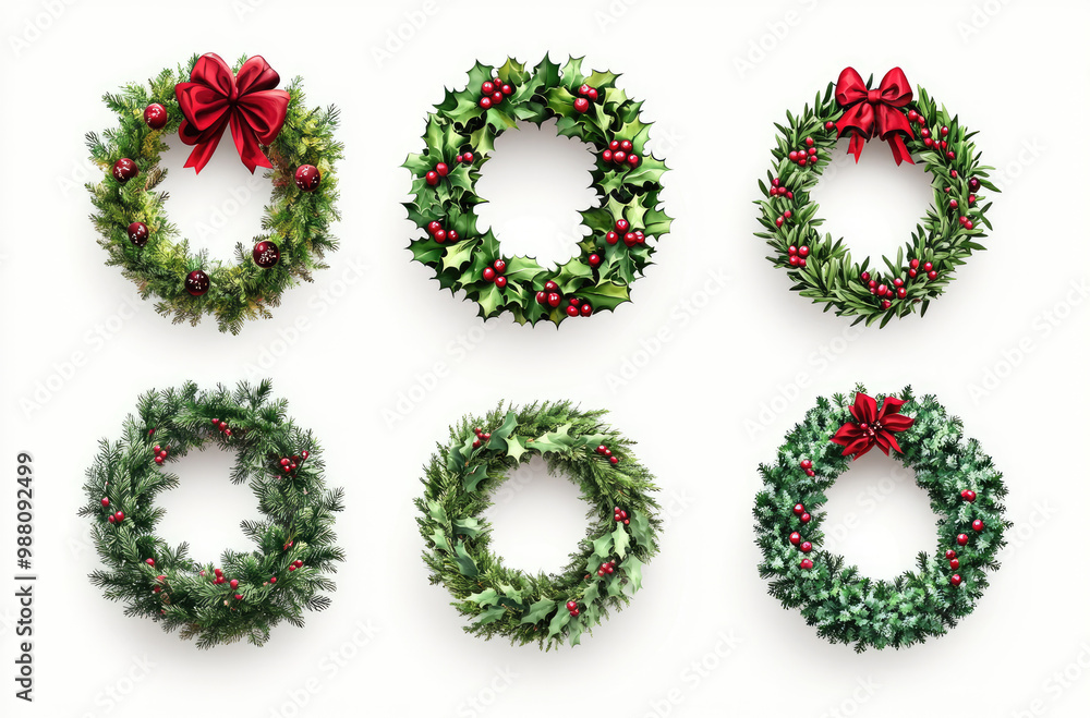 A Group of Christmas Wreaths in Different Designs for Festive and Elegant Holiday Decor A Group of Christmas Wreaths in Different Designs for Festive and Elegant Holiday Decor
