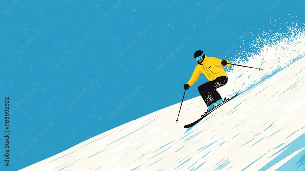 Φωτογραφία Illustration of a skier in a yellow jacket skiing downhill on a snowy slope against a bright blue sky background