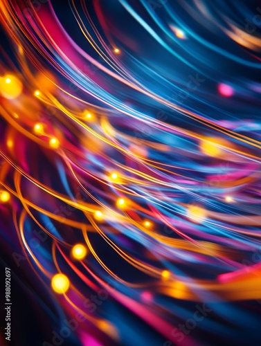 Abstract light trails in vibrant colors, representing movement, energy, technology, and the flow of time.