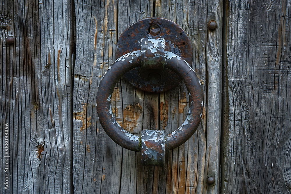 Old wooden door with rusty knocker in the shape of a circle Old wooden door with rusty knocker in the shape of a circle