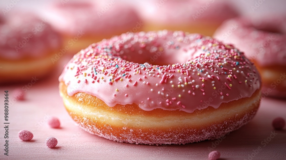 Close up of a pink donut covered in sprinkles, a delicious treat. Close up of a pink donut covered in sprinkles, a delicious treat.