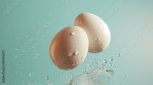 Two ggg chicken flying in water with bubble for animal product poster photo