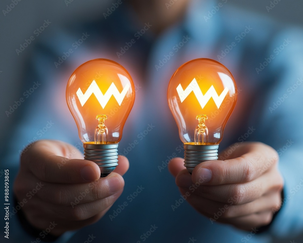 A person holds two glowing light bulbs, symbolizing innovation and creative ideas with striking zigzag patterns. A person holds two glowing light bulbs, symbolizing innovation and creative ideas with striking zigzag patterns.