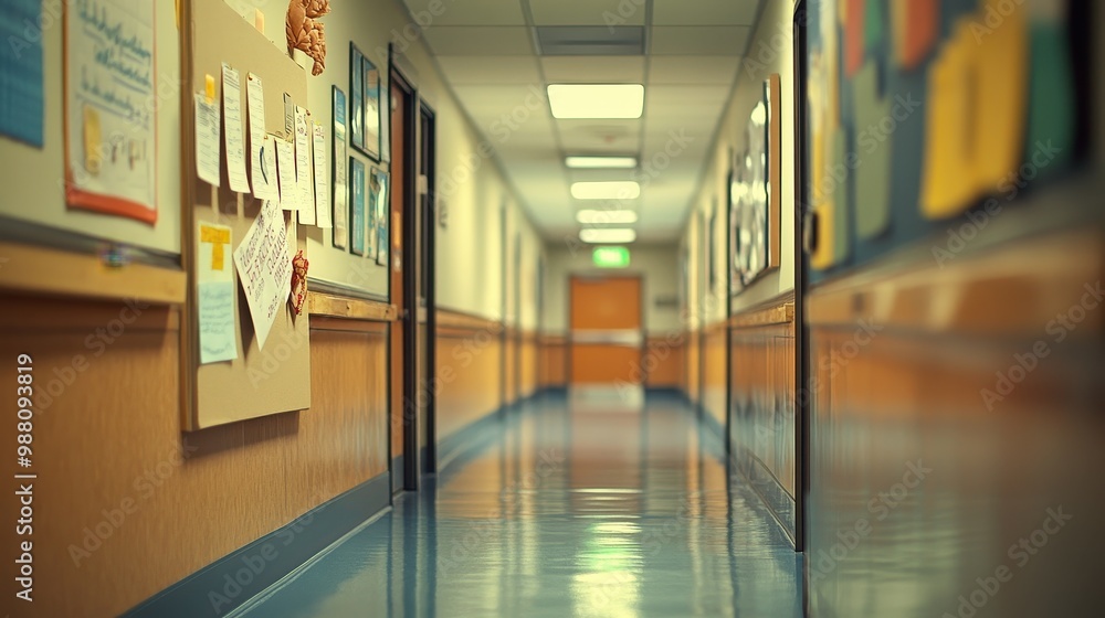 Hallway of an Educational Institution with Framed Art and Bulletin Boards Hallway of an Educational Institution with Framed Art and Bulletin Boards