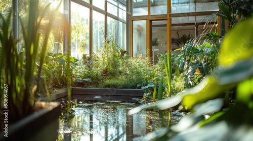 A serene indoor garden with lush plants and a reflective pond, promoting tranquility and nature.