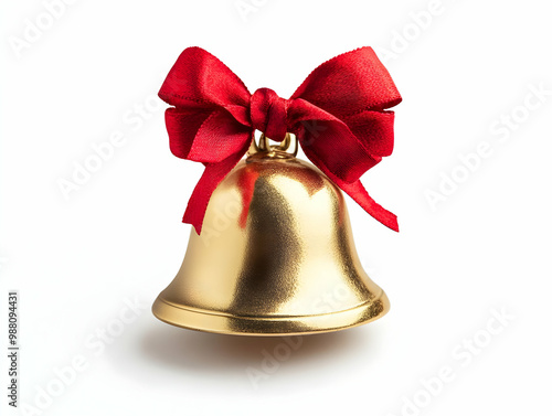 Gold bell adorned with a red ribbon, isolated on a white background, perfect for festive decoration.