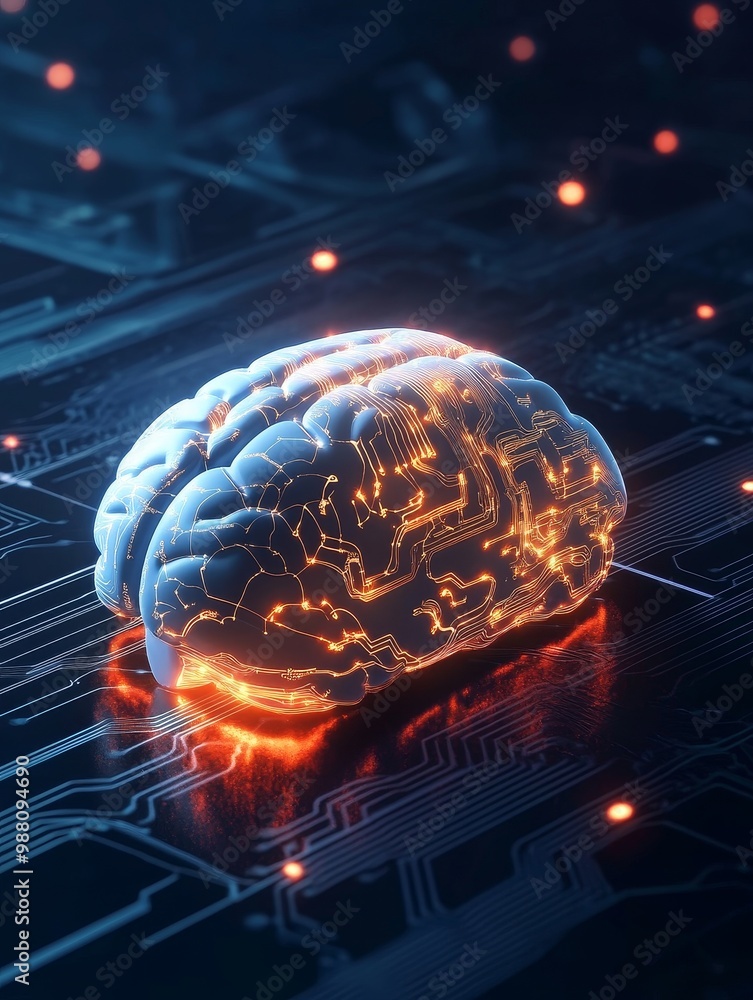 Obraz premium A glowing digital brain network on a circuit board, symbolizing artificial intelligence, technology, innovation, neural networks, and the future of computing.