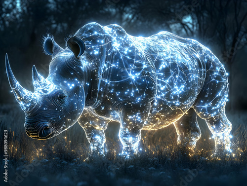 Glowing rhinoceros illuminated with star-like patterns on a dark background. photo