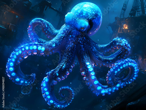 A glowing octopus swirling in deep blue ocean waters with vibrant tentacles and captivating colors. photo