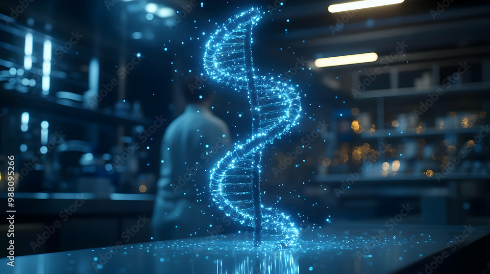 A glowing DNA helix model illuminates a laboratory setting. A glowing DNA helix model illuminates a laboratory setting.