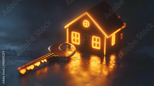 Key and illuminated house symbolizing homeownership and real estate investment.