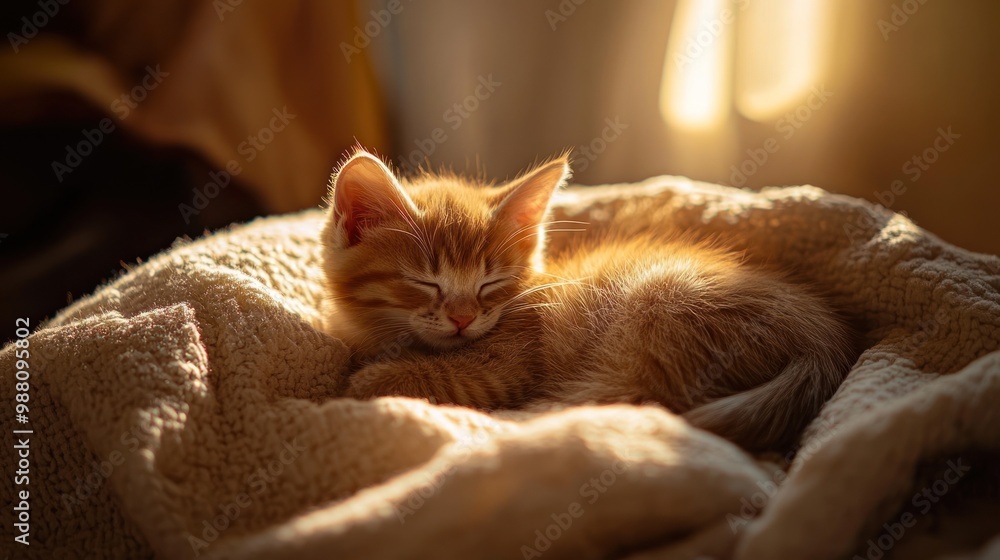 A sleeping orange kitten nestled in a cozy blanket, illuminated by soft sunlight. A sleeping orange kitten nestled in a cozy blanket, illuminated by soft sunlight.
