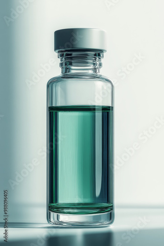 A clear glass bottle filled with green liquid stands elegantly against soft background, showcasing its sleek design and vibrant color. light reflects beautifully off surface, creating serene atmospher