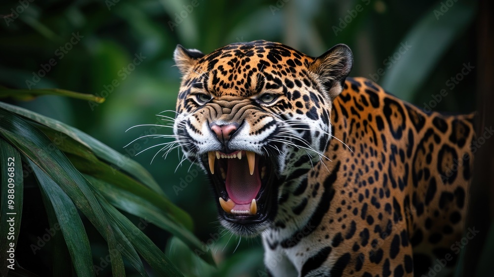 A fierce jaguar roaring amidst lush green foliage, showcasing its powerful presence. A fierce jaguar roaring amidst lush green foliage, showcasing its powerful presence.