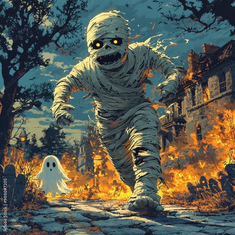 Fototapeta premium A menacing mummy with glowing eyes charges down a cobblestone path as flames engulf a nearby building, while a small ghost hovers in the background, creating an intense yet spooky Halloween scene.