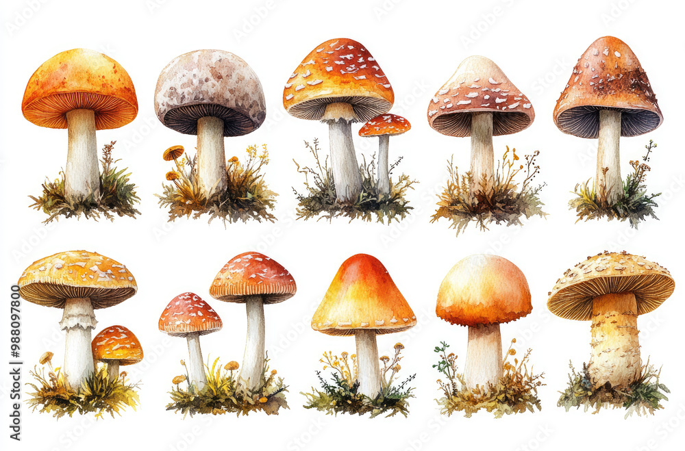 A Series of Woodland Mushrooms in Various Shapes for a Whimsical and Nature-Inspired Theme A Series of Woodland Mushrooms in Various Shapes for a Whimsical and Nature-Inspired Theme