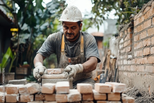 A skilled bricklayer is meticulously laying bricks on a construction site, demonstrating the precision and craftsmanship required in this trade. The image showcases the worker's focus, hard work, and 