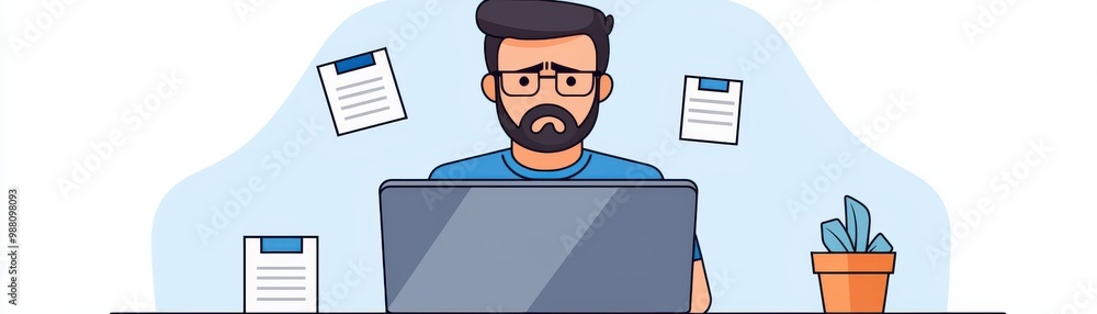 A stressed man working on a laptop, surrounded by paperwork, illustrating the challenges of remote work and productivity. A stressed man working on a laptop, surrounded by paperwork, illustrating the challenges of remote work and productivity.