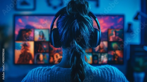 A person listening to music on a streaming service, with playlists and album covers displayed on the screen photo