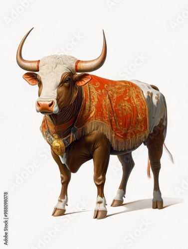 Vintage illustration of a bull, adorned in a lavish robe with intricate patterns, symbolizing power, tradition, strength, grandeur, and spectacle.