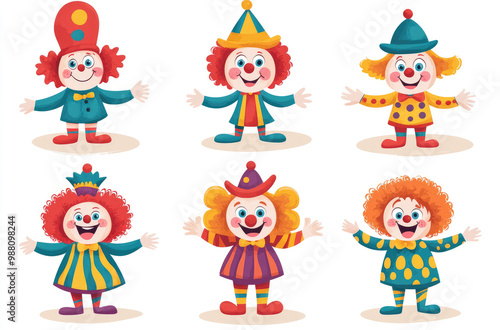 A Set of Cartoon Clowns in Different Balancing Poses for a Fun and Entertaining Visual Concept