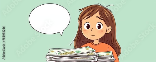 A worried child with stacks of money, reflecting feelings of confusion and concern about finances and responsibility. photo