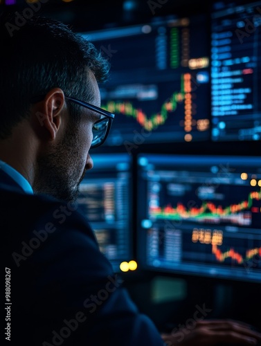 A focused businessman analyzes financial data on multiple screens, showcasing his dedication and expertise in navigating the market.  He demonstrates a keen understanding of data trends, market fluctu photo