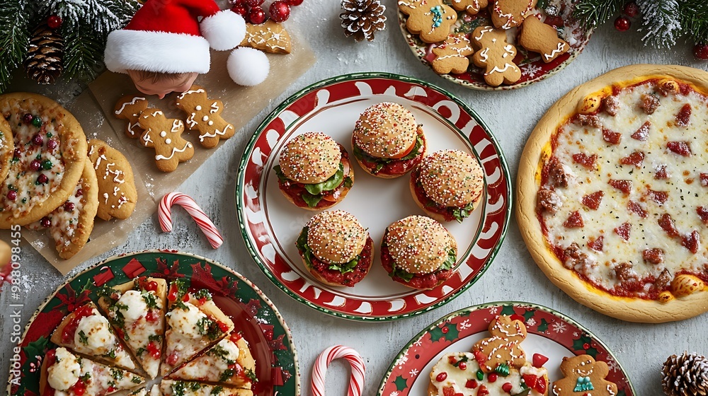 A cheerful children's Christmas Eve dinner table featuring holiday-themed plates, festive mini burgers, colorful pizzas, and gingerbread cookies, surrounded by Christmas decorations, candy canes, A cheerful children's Christmas Eve dinner table featuring holiday-themed plates, festive mini burgers, colorful pizzas, and gingerbread cookies, surrounded by Christmas decorations, candy canes,