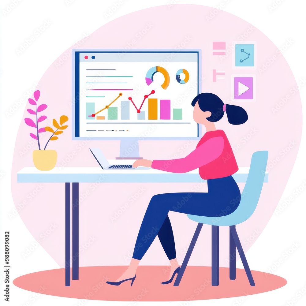 A woman working on a laptop in a modern office, analyzing data with graphs on a screen, surrounded by stylish decor. A woman working on a laptop in a modern office, analyzing data with graphs on a screen, surrounded by stylish decor.