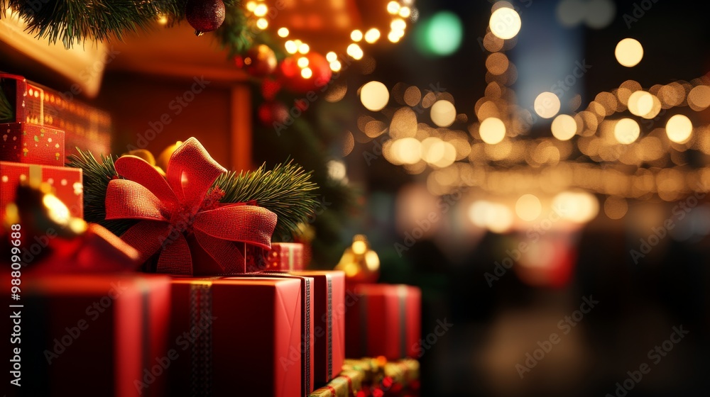 A Christmas market stall adorned with twinkling lights, showcasing beautifully wrapped gifts, creating a festive atmosphere. The bokeh lights in the background suggest a bustling market with people en A Christmas market stall adorned with twinkling lights, showcasing beautifully wrapped gifts, creating a festive atmosphere. The bokeh lights in the background suggest a bustling market with people en