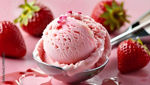 Indulging in creamy pink strawberry ice cream delightfully scooped with a spoon photo