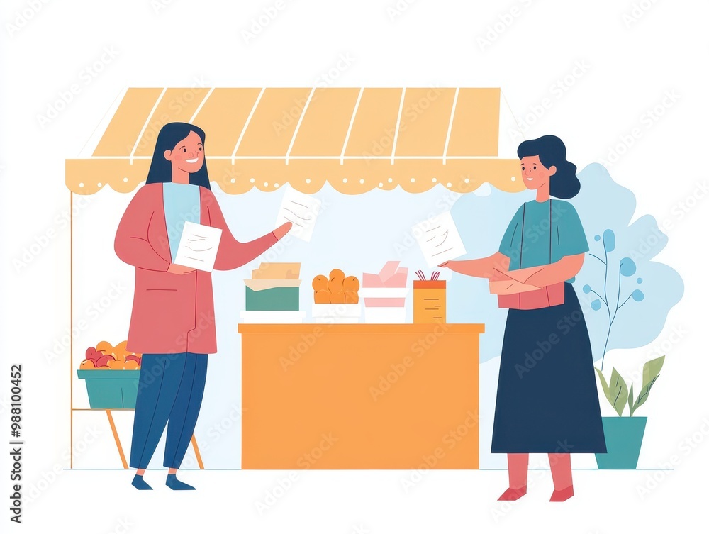 Two women interacting at a vibrant market stall, exchanging lists of fresh produce and goods, showcasing a lively atmosphere. Two women interacting at a vibrant market stall, exchanging lists of fresh produce and goods, showcasing a lively atmosphere.
