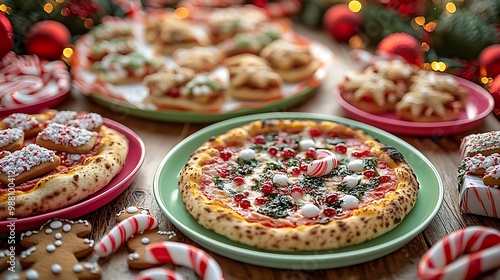 A playful children’s Christmas dinner featuring a table with colorful plates, small pizzas, mini sandwiches, and festive treats like candy canes and gingerbread men, photo