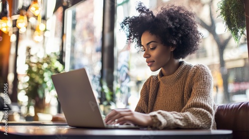 A person working remotely at a cafe, relaxed but focused on their laptop, enjoying the flexibility of their job