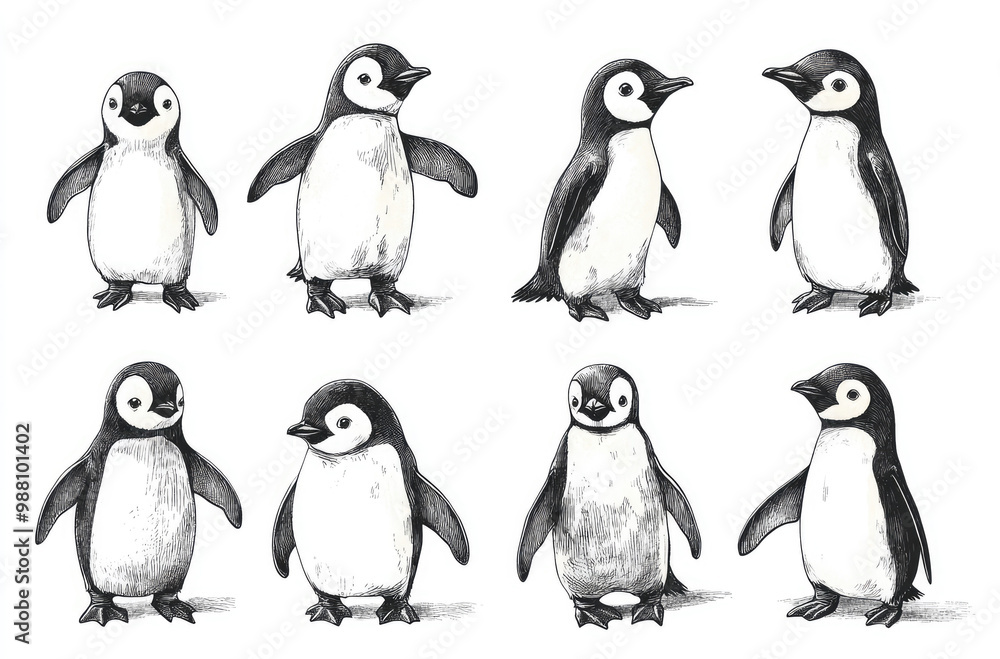 Obraz premium A Variety of Cartoon Penguins in Different Waddling Poses for a Playful and Adorable Illustration