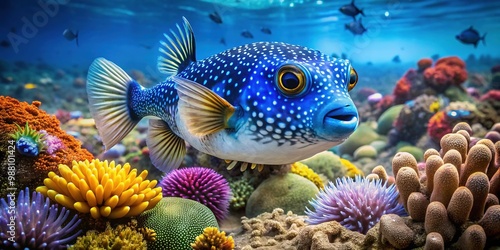 A blue pufferfish swims through coral reef, camouflaged in puffed-up body with sharp spines beneath, amidst sea anemones and schools of fish.