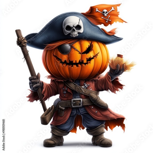 A whimsical pirate character with a pumpkin head, dressed in tattered clothing, complete with a skull-adorned hat and a mischievous expression. photo