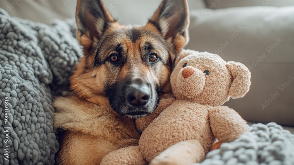 A German Shepherd cuddles with a teddy bear on a cozy blanket. A German Shepherd cuddles with a teddy bear on a cozy blanket.