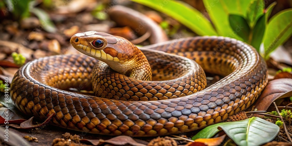 Fototapeta premium A brown snake navigates dense undergrowth, its camouflaged body expertly blended with the rust-hued earth and leaves as it stalks potential prey.