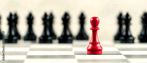 A bold red pawn stands prominently on a chessboard, surrounded by black pieces, symbolizing strategy and competition. photo